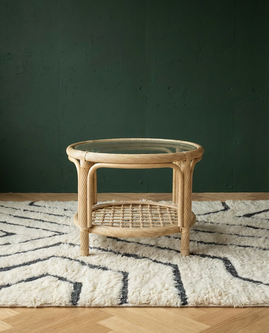 Table basse vintage en rotin avec plateau en verre
