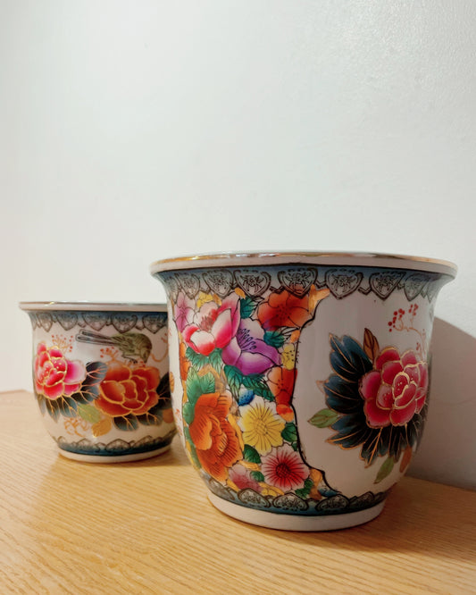 Paire de cache-pots vintage japonisants - Décor floral et dorures