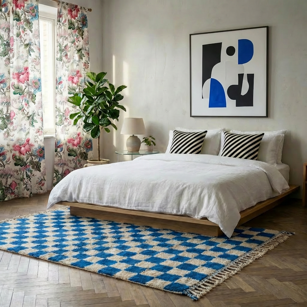 Tapis berbère 250x150cm - Damier bleu