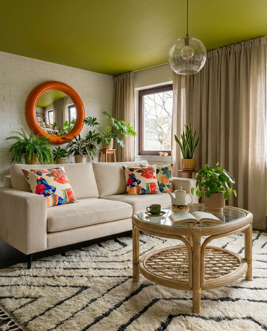 Table basse vintage en rotin avec plateau en verre