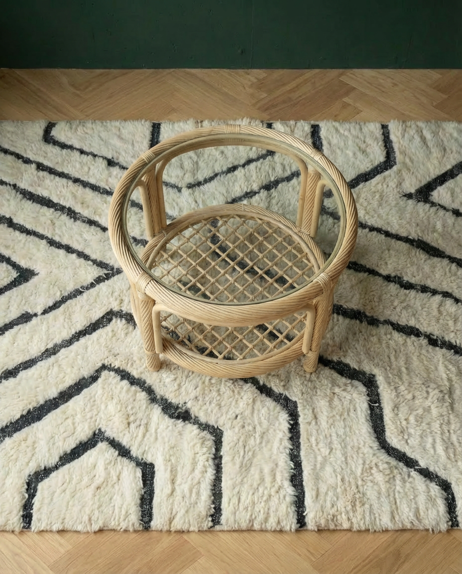 Table basse vintage en rotin avec plateau en verre