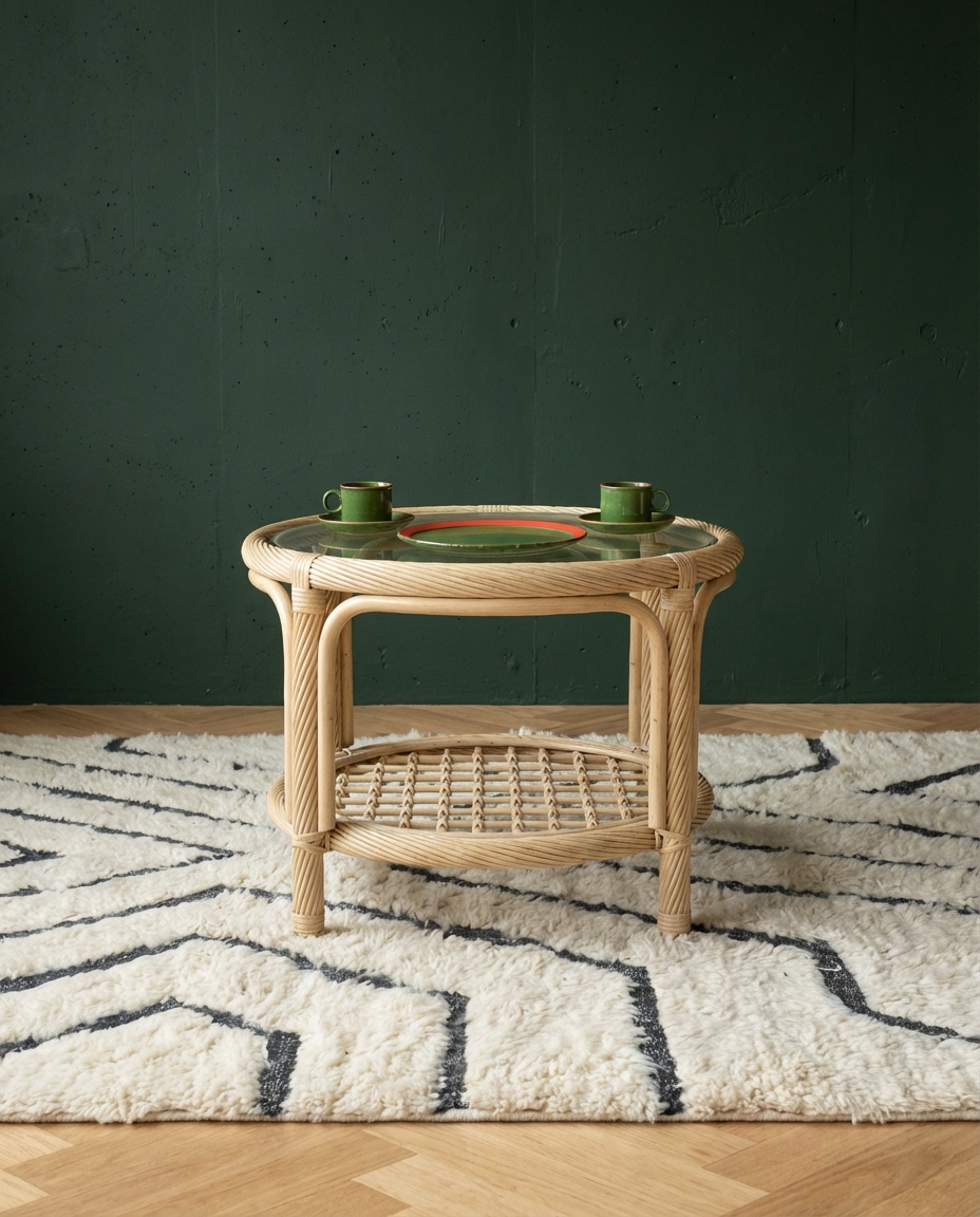 Table basse vintage en rotin avec plateau en verre