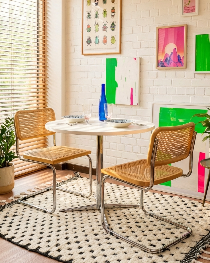 Table ronde vintage ø90cm – plateau blanc et piètement étoile chromé