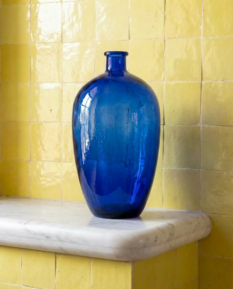 Grand vase vintage en verre translucide bleu roi - H.35cm